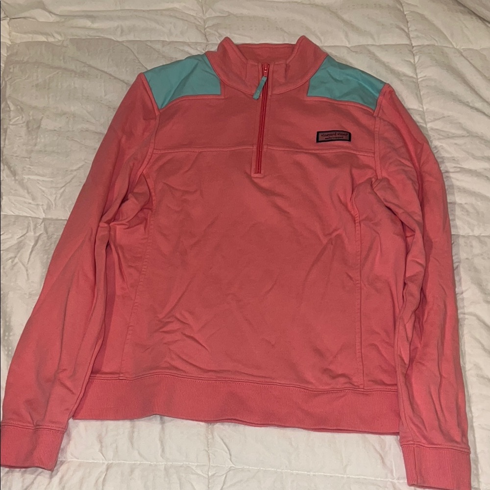 Vineyard Vines Coral and Teal Quarter-Zip Pullover